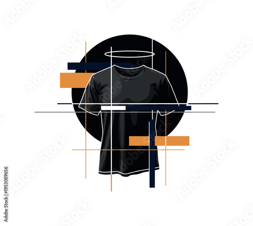 A monochrome vintage T-shirt with slightly torn edges centered in composition, large abstract circle behind it like a halo, rectangular blocks and thin lines