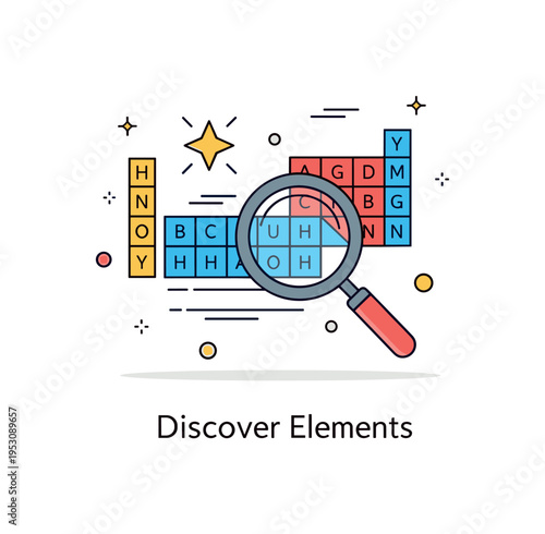 Scientific discovery theme featuring a magnifying glass hovering over a simplified periodic table tile. A small star accent and ?Discover Elements? caption
