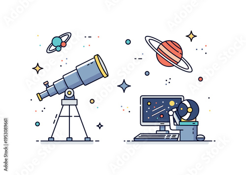 Astronomers using telescopes and computer models to study habitable exoplanets, highlighting research, prediction, and astrobiological investigation.