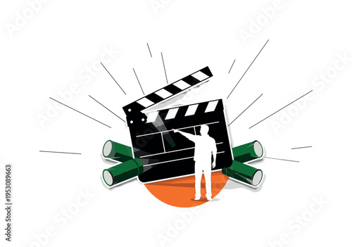 Black and white clapboard enlarged at center with director figure gesturing behind it, bright orange circle beneath as focal accent, dark green cylindrical