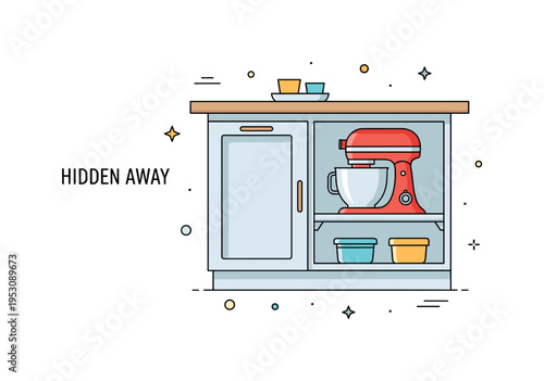 Kitchen organization concept featuring a single cabinet with a pull out shelf holding a stand mixer, symbolizing practical storage solutions for