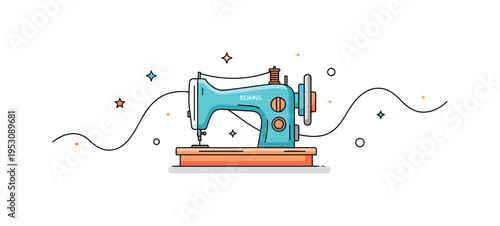 Sewing machine classic tabletop sewing machine centered with a flowing thread line forming a soft curve around it. A clean and confident editorial scene