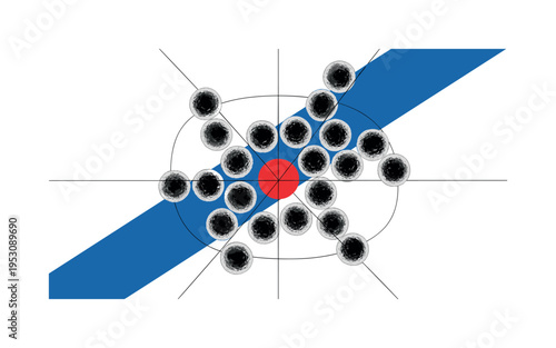 Black and white cluster of circular microbe cells arranged in rhythmic pattern, red circle placed at the center intersection of cluster, intersecting blue