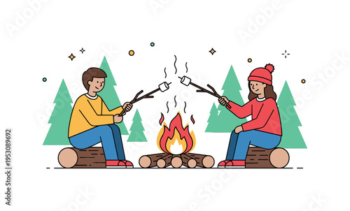 Person sharing stories with friends around a glowing campfire in a forest, marshmallows on sticks held above the fire, conveying camaraderie, warmth, and