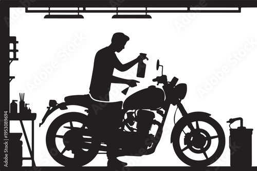Man spraying motorcycle in garage tools