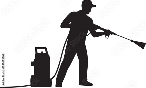 Man using pressure washer machine silhouette black
