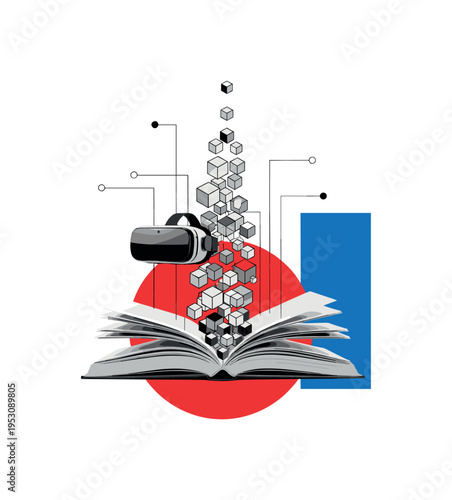Black and white open book transforming into geometric digital cubes rising upward, VR headset hovering above pages, bold red circular accent grounding center,