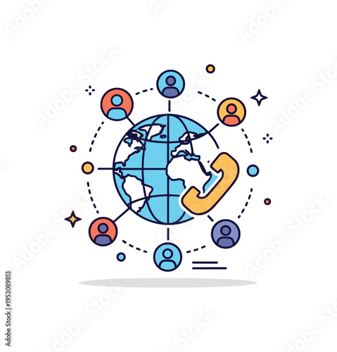 Global conference call illustrated by a simplified globe icon with small profile circles around it connected by thin lines, symbolizing international