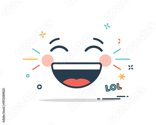 Laughing out loud expression showing closed smiling eyes and wide curved mouth radiating joy. Subtle starburst lines and a compact ?LOL? text detail reinforce