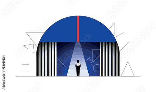 Black and white dramatic stage curtain partially open with presenter holding envelope center stage, large deep blue semicircle framing upper half, thin red