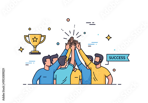 Team celebration after milestone colleagues high fiving beside a simple trophy icon and a small banner labeled Success, expressing achievement and shared