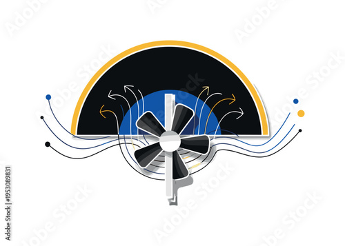 Black and white single fan blade centered vertically, abstract linear airflow lines curving around it, oversized flat semicircle backdrop creating focal
