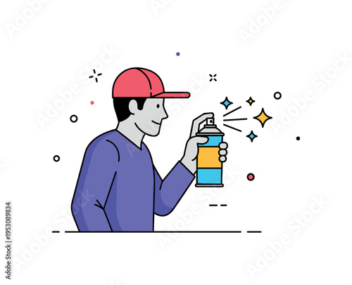 Urban street artist silhouette holding a spray can with small starburst accents near the nozzle, symbolizing live creation and expressive freedom. The compact