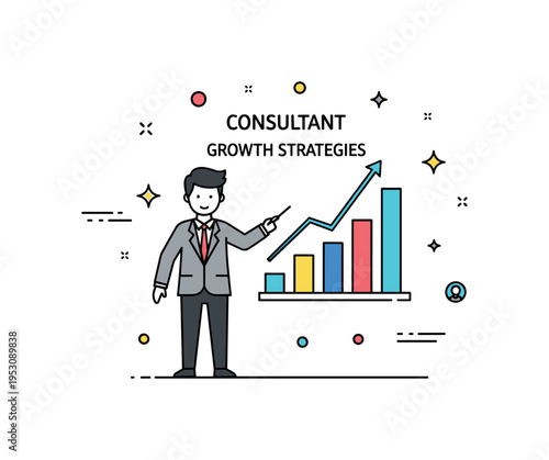 Business consultant giving advice on growth strategies centered on a confident presenter silhouette pointing at a rising bar chart, symbolizing strategic