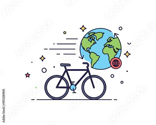 Sustainable transportation choice bicycle icon positioned beside a subtle Earth symbol and motion lines. A clean concept badge about reducing emissions through
