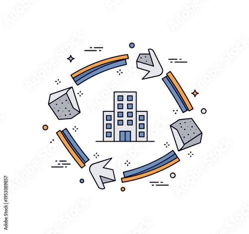 Construction material recycling concrete chunks and metal beams arranged in a circular arrow loop around a small building outline, symbolizing reuse and