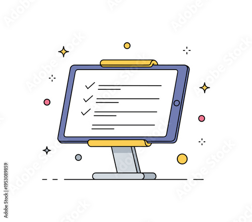 Tablet recipe holder concept illustrated by a sleek stand supporting a digital screen with simple text lines and checkmarks, expressing smart kitchen solutions