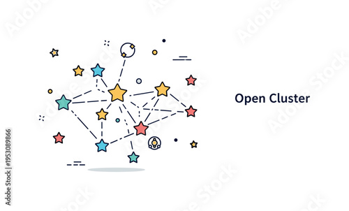 Open star cluster concept featuring a loose scattering of glowing stars connected by faint guiding lines, symbolizing structure within the universe. A concise