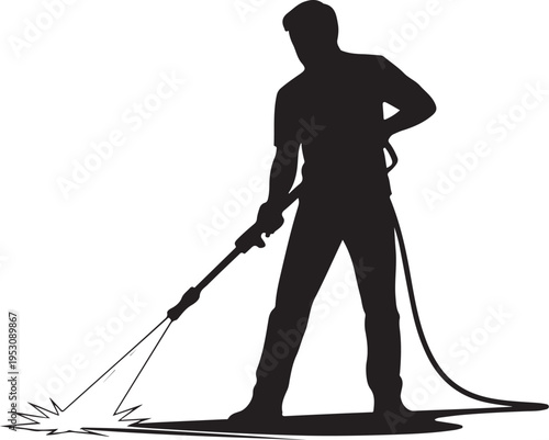 Man using pressure washer on ground silhouette black