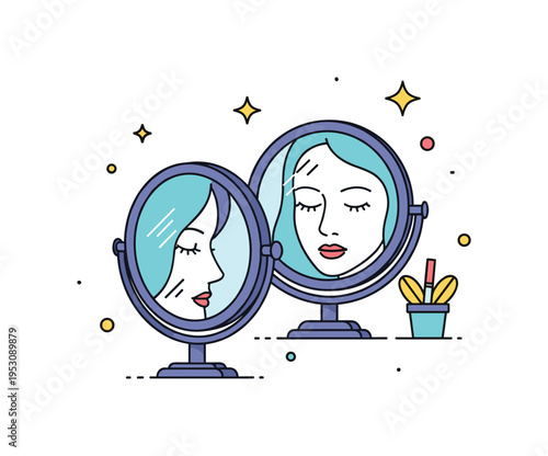 Self care moment in front of mirror illustrated by a minimal face silhouette reflected within a round cosmetic mirror frame, expressing calm confidence and