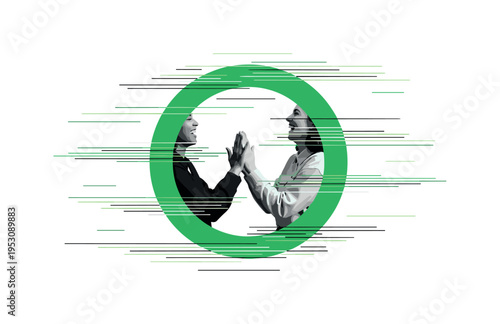 Black and white image of two people clapping hands mid-laughter, layered with a large green circular frame and thin horizontal rhythm lines symbolizing harmony