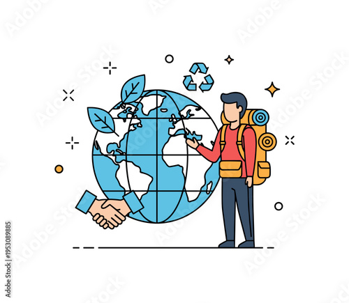 Responsible travel mindset backpacker standing beside a globe icon with small leaf and handshake symbols, expressing sustainability and respect for local