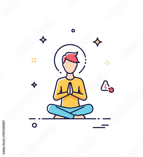 Meditation and breathing focus featuring a cross-legged figure with a small circular aura behind the head, symbolizing calm awareness and steady breath. The