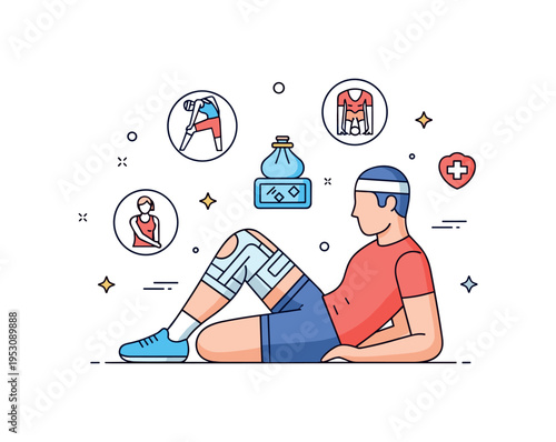 Sports injury recovery showing an athlete resting with a knee brace and ice pack, surrounded by small icons of stretching and healing, conveying care and