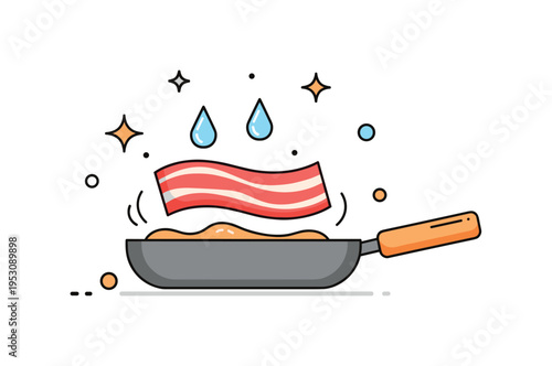 Close-up of bacon sizzling in a pan with fat droplets and abstract decorative stars highlighting cooking process, warmth, and appetizing texture. Minimalist