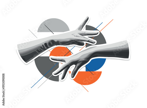 A monochrome close-up of elegant gloved hands mid-dance pose, abstract semicircles and thin diagonal lines emphasizing motion and grace, flat contrasting