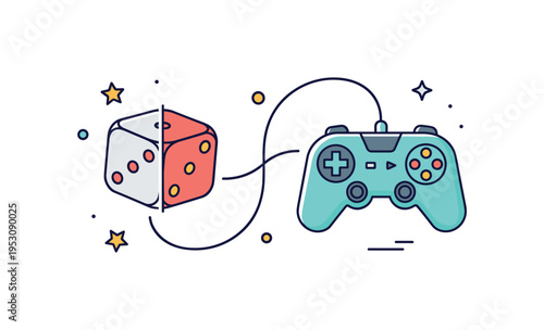 Dice and controller fun split composition with a board game die on one side and a game controller on the other connected by a playful curved line. A creative