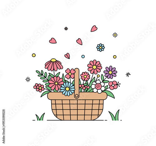 Wildflower collection during nature stroll centered on a simple basket filled with varied meadow flowers and tiny floating petals, conveying spontaneity and