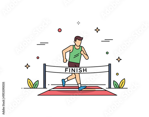 Marathon finish moment showing a focused athlete stepping across a clearly marked finish line beneath a small banner, symbolizing endurance and perseverance