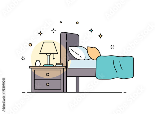 Soft ambient lighting concept centered on a bedside table with a glowing lamp and a neatly arranged bed behind it, expressing comfort and subtle design