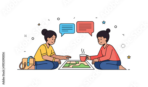 Cultural exchange experience traveler and local resident sitting together over a simple map and cup of tea, speech bubbles symbolizing dialogue and shared