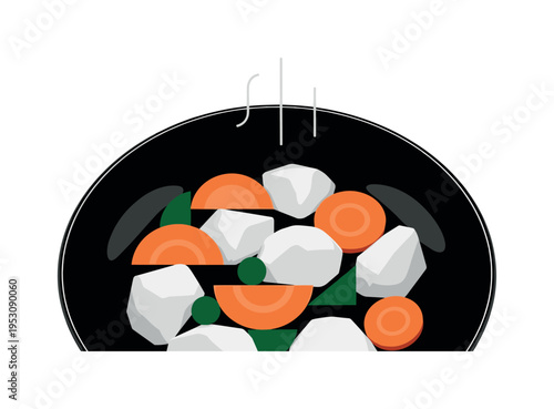 A monochrome close-up of stew ingredients?carrot slices and potato chunks?stylized as clean geometric forms inside a bowl, thin linear steam graphics rising