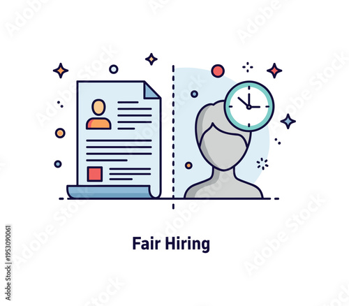 Age discrimination awareness theme featuring a split composition of a resume icon and a silhouette with a clock symbol. A compact ?Fair Hiring? caption