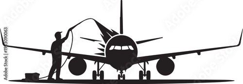 Man washing airplane with pressure washer aircraft