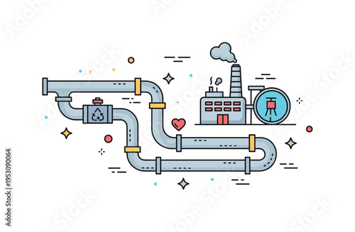 Urban sewage system concept featuring connected pipeline segments flowing toward a small treatment facility icon, expressing organized waste management and