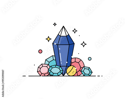 Sapphire crystal placed on a small pile of other precious stones with gentle sparkles, highlighting rarity, value, and a curated collection. Minimalist flat