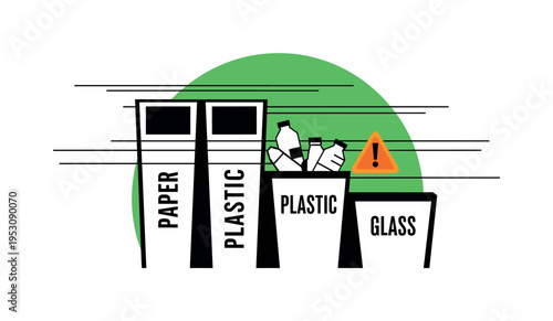 Black and white recycling station with separate labeled bins simplified into geometric forms, bright green semicircle rising behind like progress symbol, thin