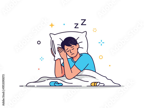 Sleepless individual pressing their face into a pillow with restless arms and scattered sheets, conveying exhaustion, anxiety, and struggle to rest. Minimalist