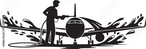 Man washing airplane with pressure washer cleaning 1