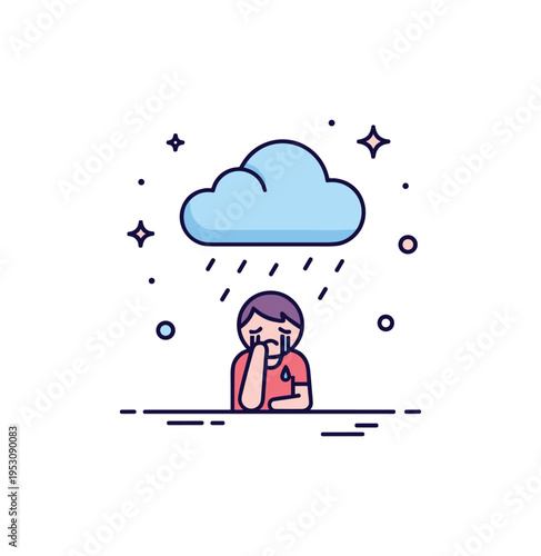 Crying alone small figure under a subtle rain cloud while the surrounding space remains empty and quiet, conveying private emotional release. A compact concept