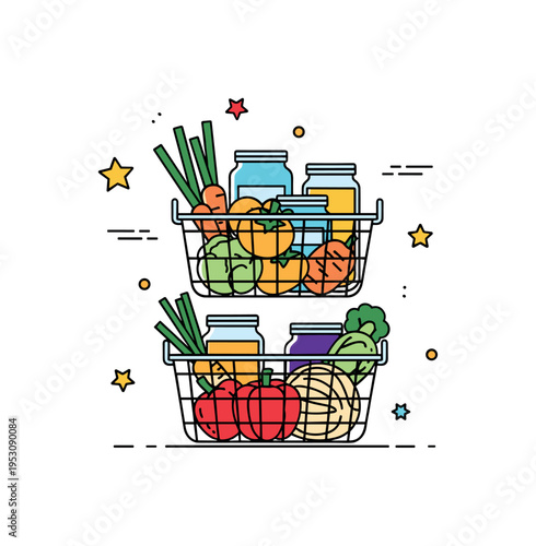 Organizing kitchen items with stackable baskets featuring two neatly stacked wire baskets filled with vegetables and jars, arranged vertically to highlight