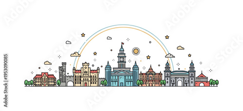 Cultural landmark skyline displayed as a compact row of varied historic building silhouettes with a soft circular frame to symbolize global diversity of
