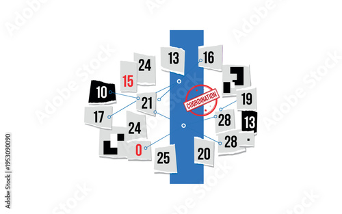 Fragmented black and white calendar pages arranged in staggered layers, bold blue vertical stripe dividing composition into two time regions, red circular