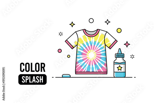 Tie dye clothing craft featuring a simple shirt with soft spiral color pattern and a small dye bottle nearby, expressing playful experimentation and vibrant