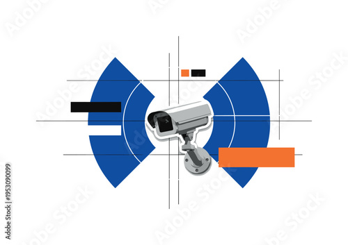 A black and white realistic security camera mounted on a wall, bold geometric semicircles radiating outward like surveillance signals, thin grid lines and