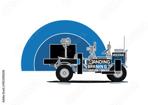 A realistic monochrome moon rover viewed from side profile, layered with a large blue semicircle and abstract rectangular blocks intersecting the wheels, thin